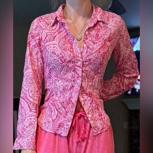 Hot Pink White Paisley Print Button Down Shirt S Jones New York